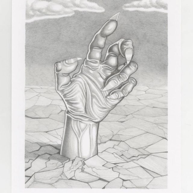 alien hand emerging from cracked earth — graphite study by Matt Furie